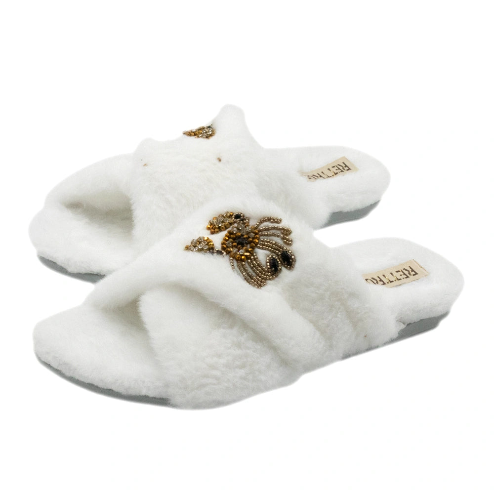 The Sophie Cream Luxury Plush Diamante Embellished Slippers