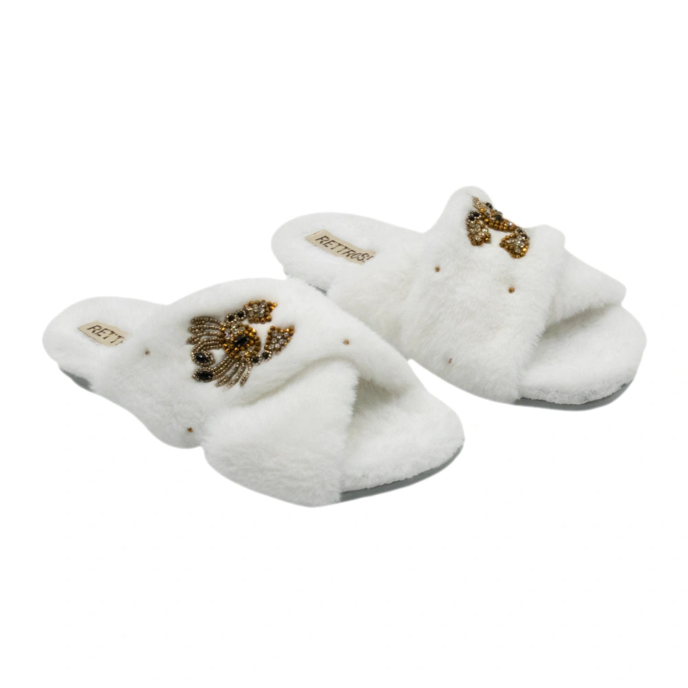 The Sophie Cream Luxury Plush Diamante Embellished Slippers