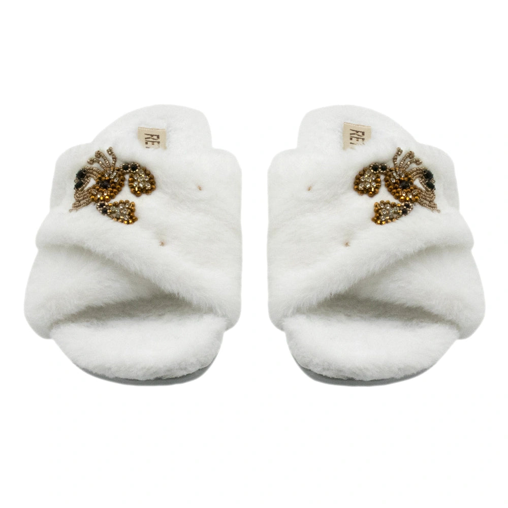 The Sophie Cream Luxury Plush Diamante Embellished Slippers