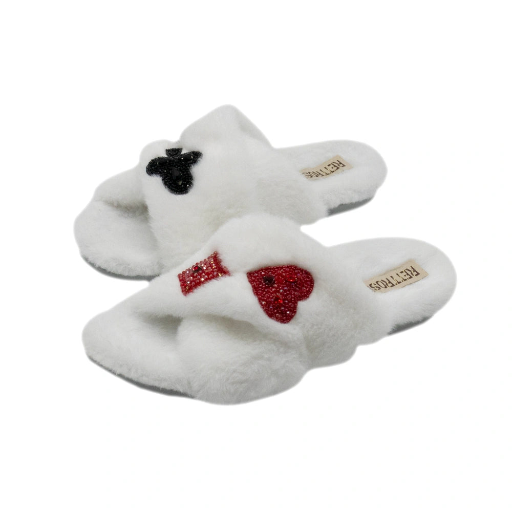 The Olivia Cream Luxury Plush Diamante Embellished Slippers