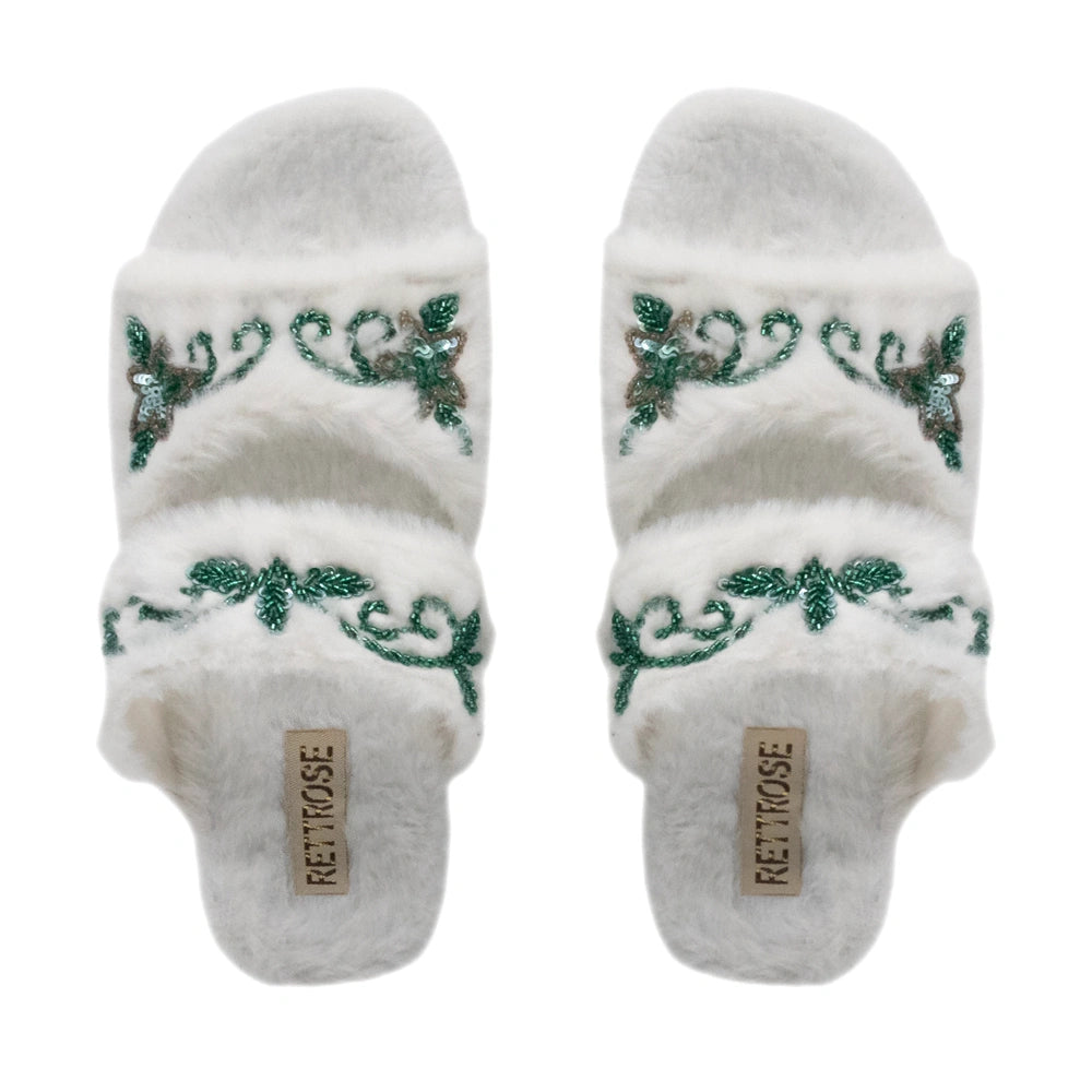 The Elkie Cream Luxury Plush Diamante Embellished Slippers