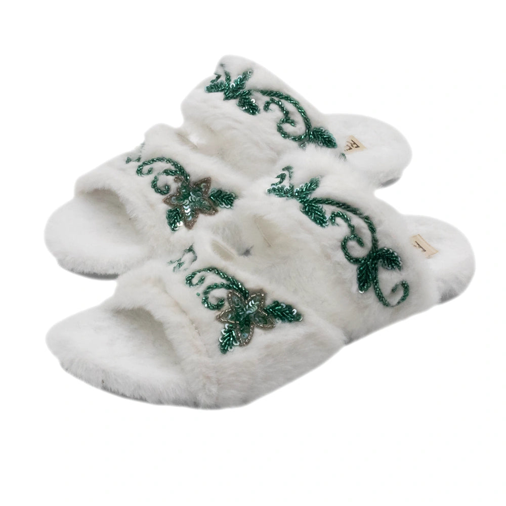 The Elkie Cream Luxury Plush Diamante Embellished Slippers