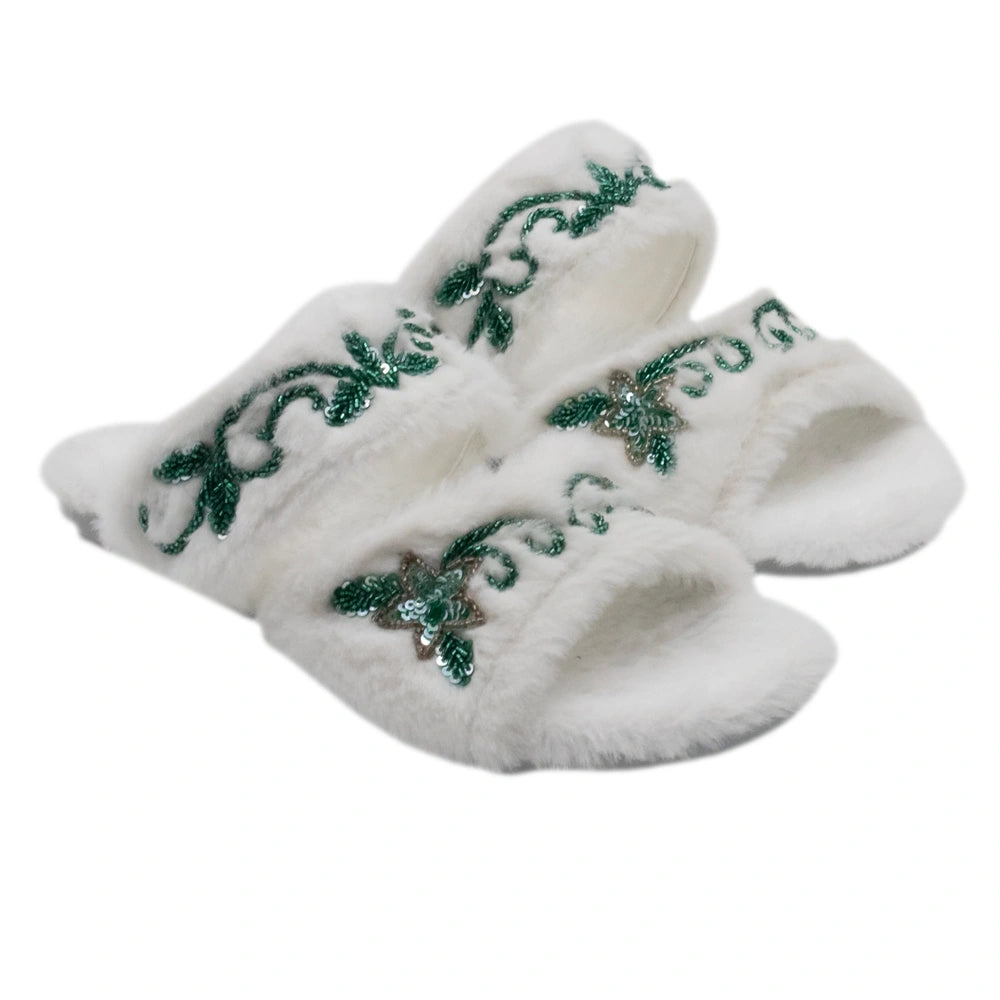 The Elkie Cream Luxury Plush Diamante Embellished Slippers