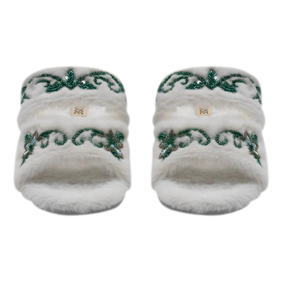 The Elkie Cream Luxury Plush Diamante Embellished Slippers