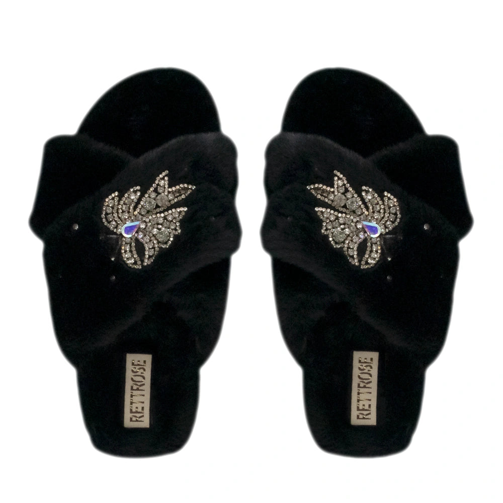 The Katherine Black Luxury Plush Diamante Embellished Slippers