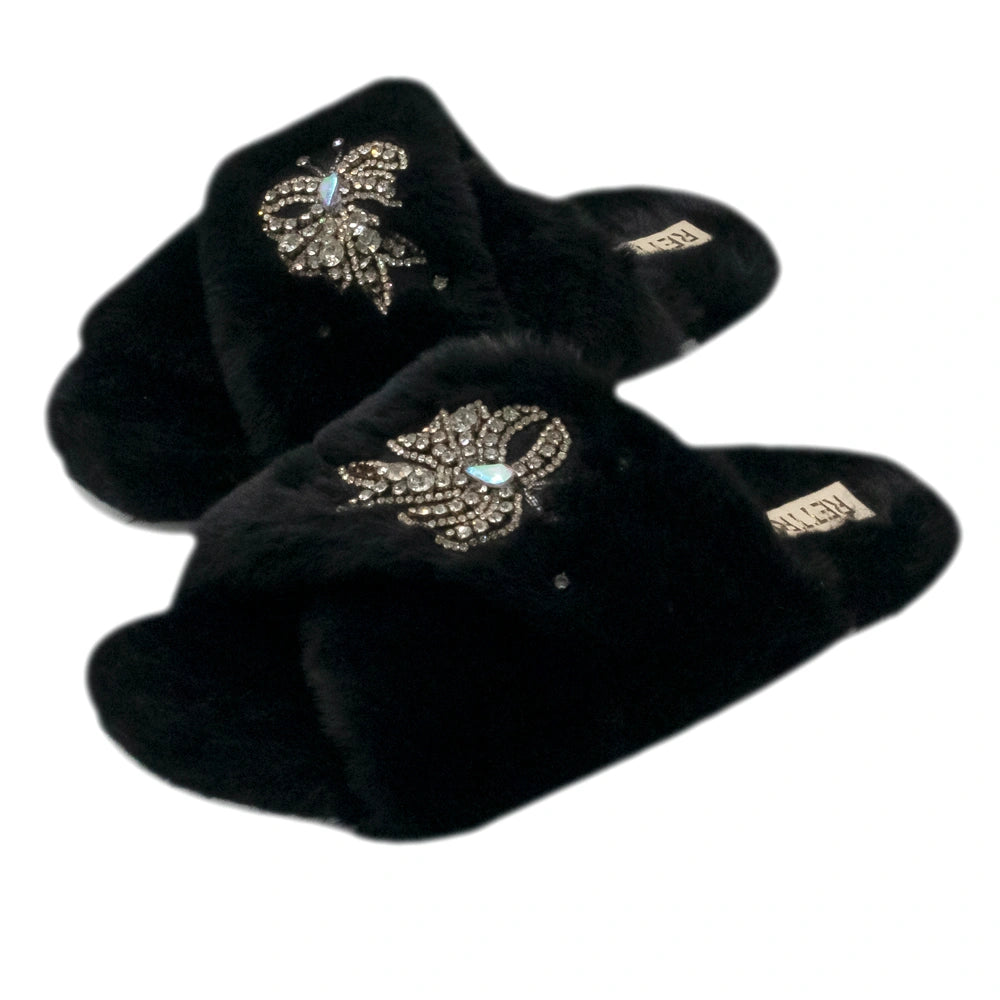 The Katherine Black Luxury Plush Diamante Embellished Slippers