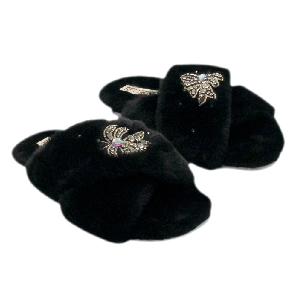 The Katherine Black Luxury Plush Diamante Embellished Slippers