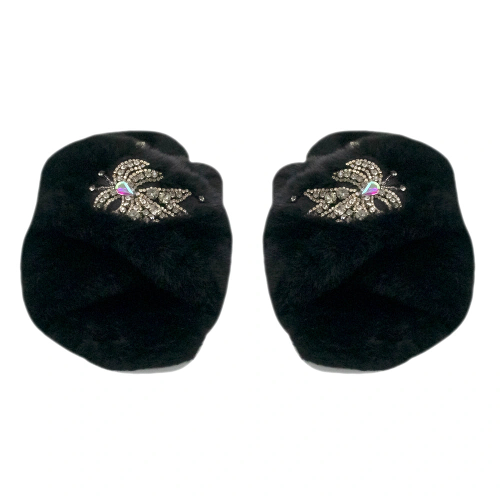 The Katherine Black Luxury Plush Diamante Embellished Slippers