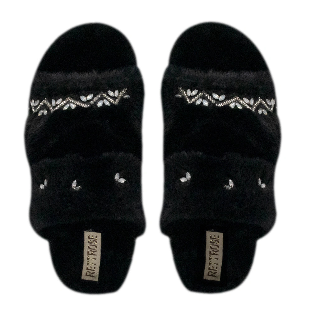 The Myla Black Luxury Plush Diamante Embellished Slippers
