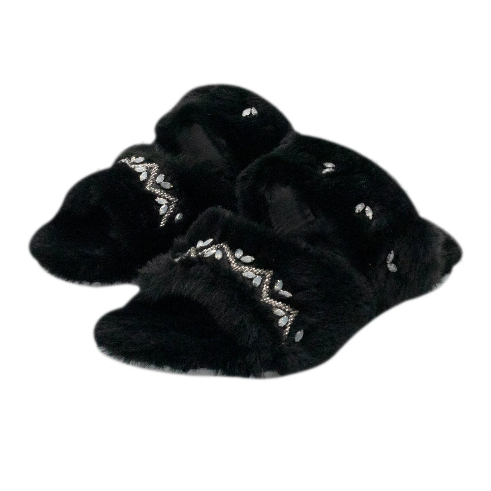 The Myla Black Luxury Plush Diamante Embellished Slippers
