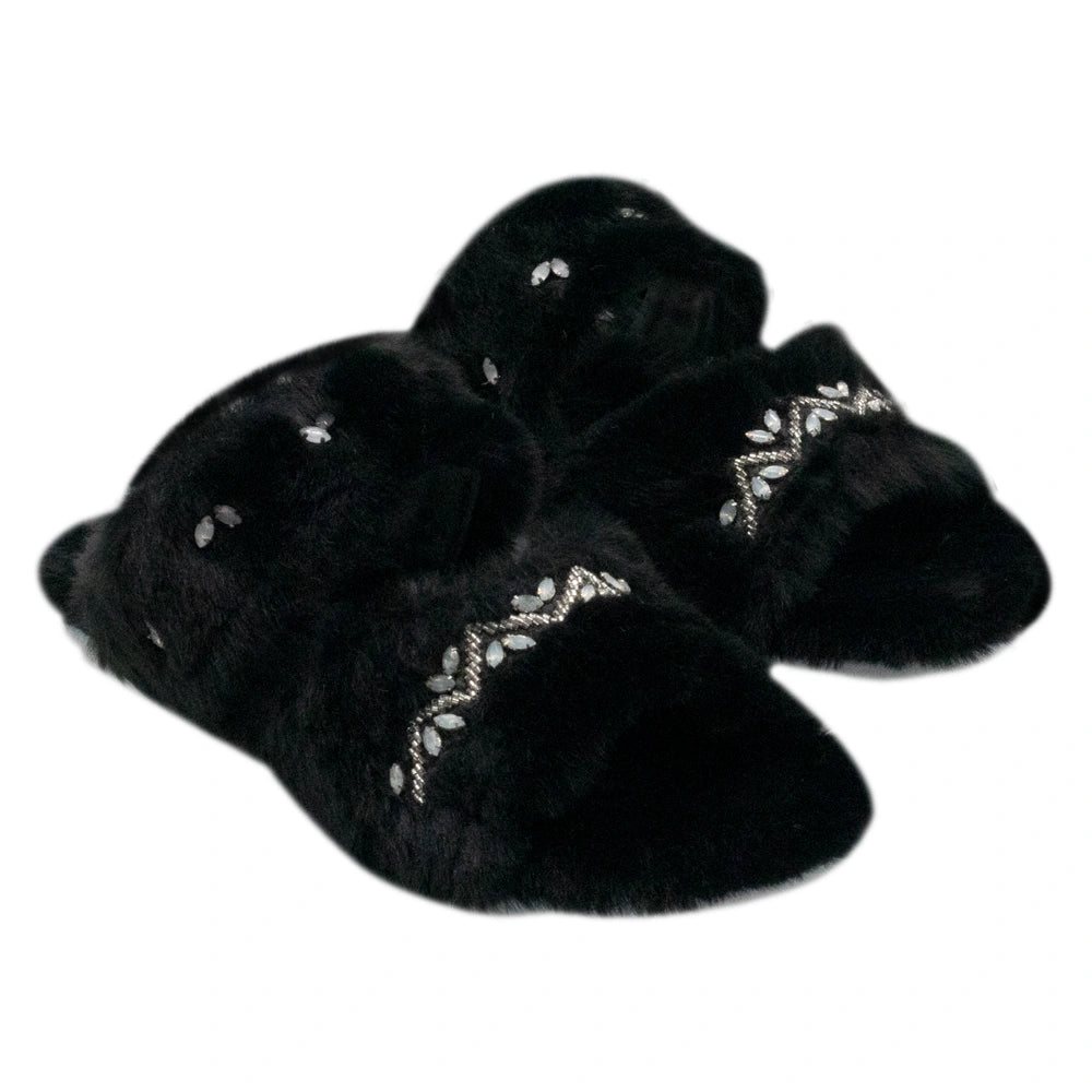 The Myla Black Luxury Plush Diamante Embellished Slippers