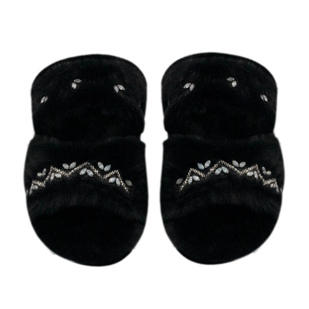 The Myla Black Luxury Plush Diamante Embellished Slippers