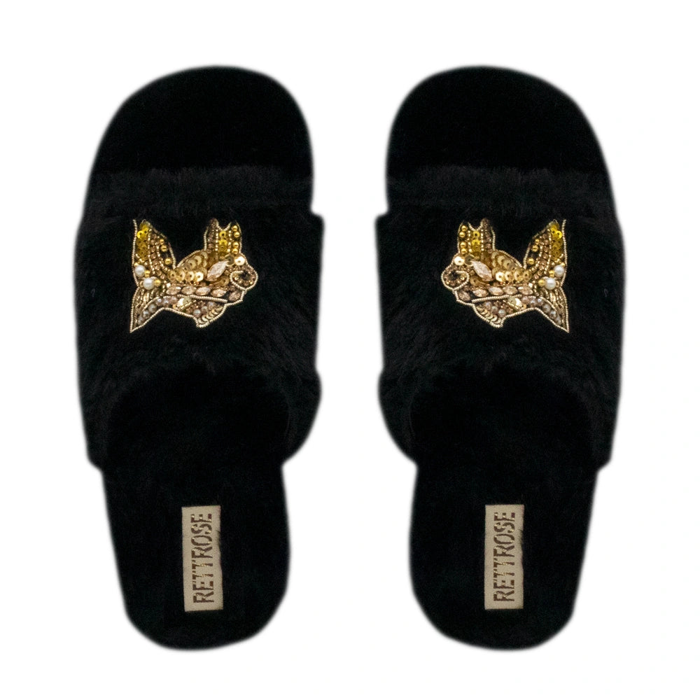 The Mae Black Luxury Plush Diamante Embellished Slippers