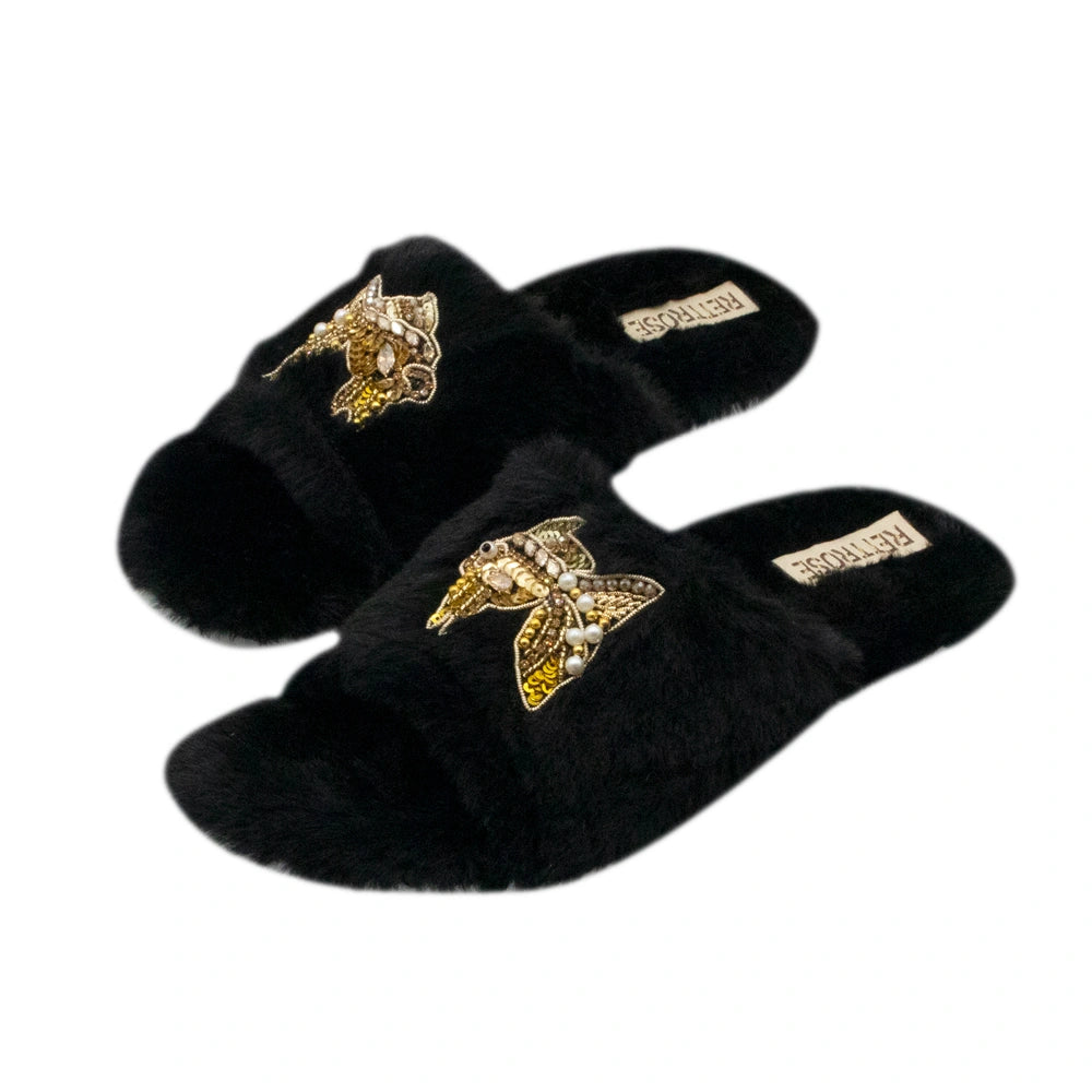 The Mae Black Luxury Plush Diamante Embellished Slippers