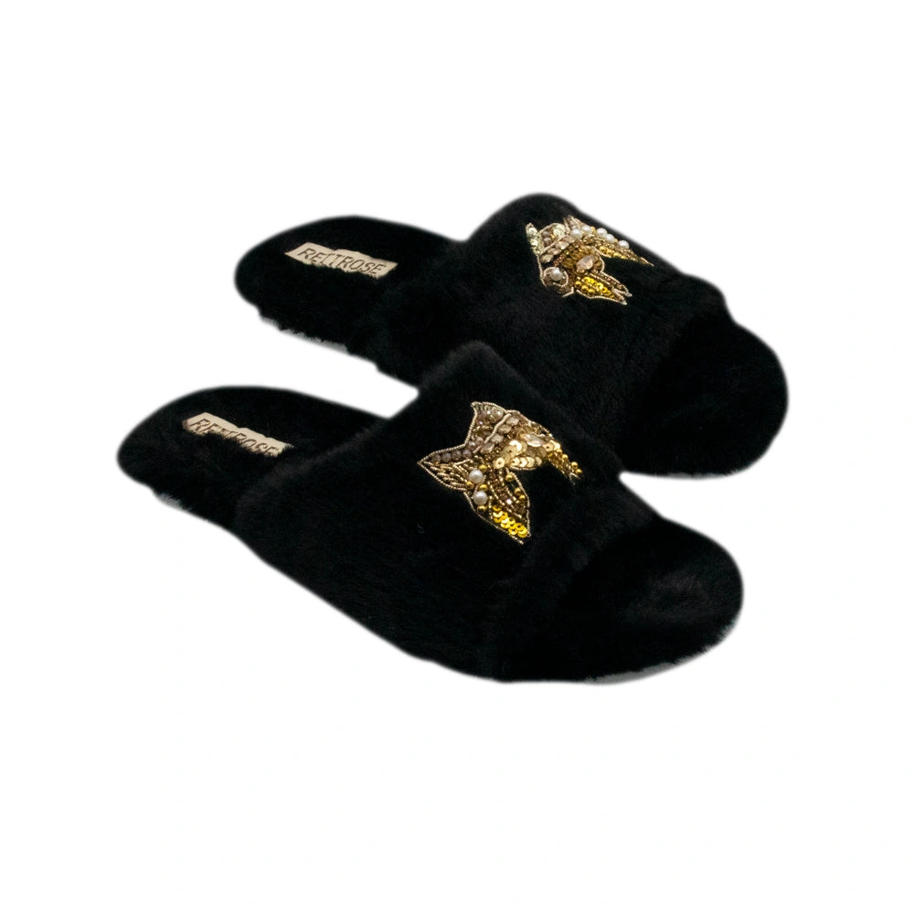The Mae Black Luxury Plush Diamante Embellished Slippers