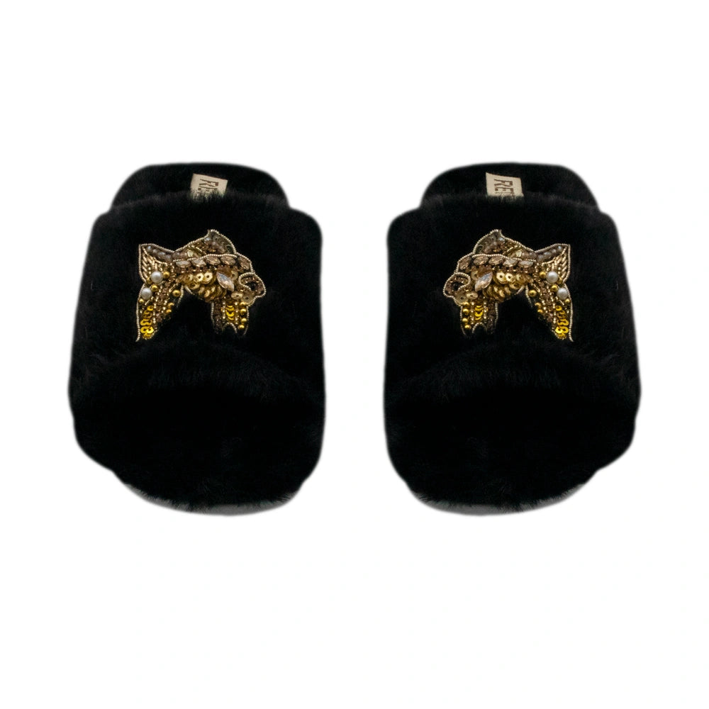 The Mae Black Luxury Plush Diamante Embellished Slippers