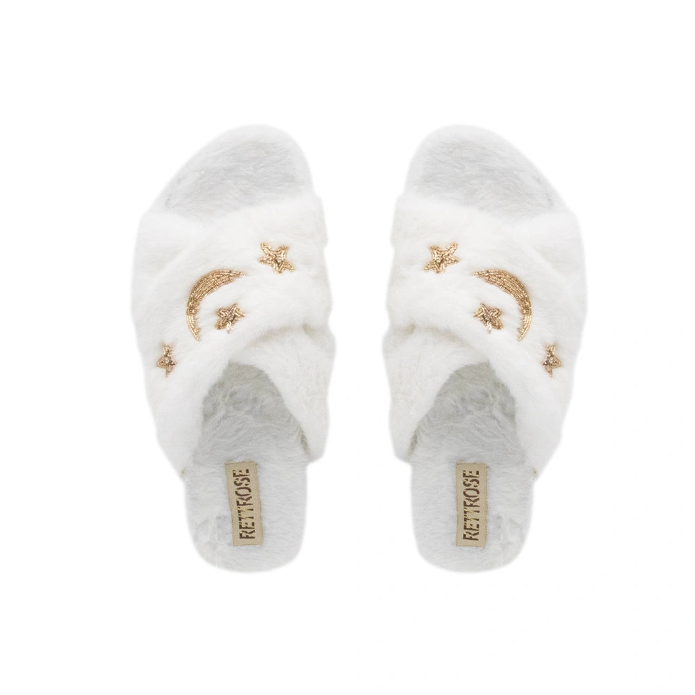 The Isabel Cream Luxury Plush Diamante Embellished Slippers