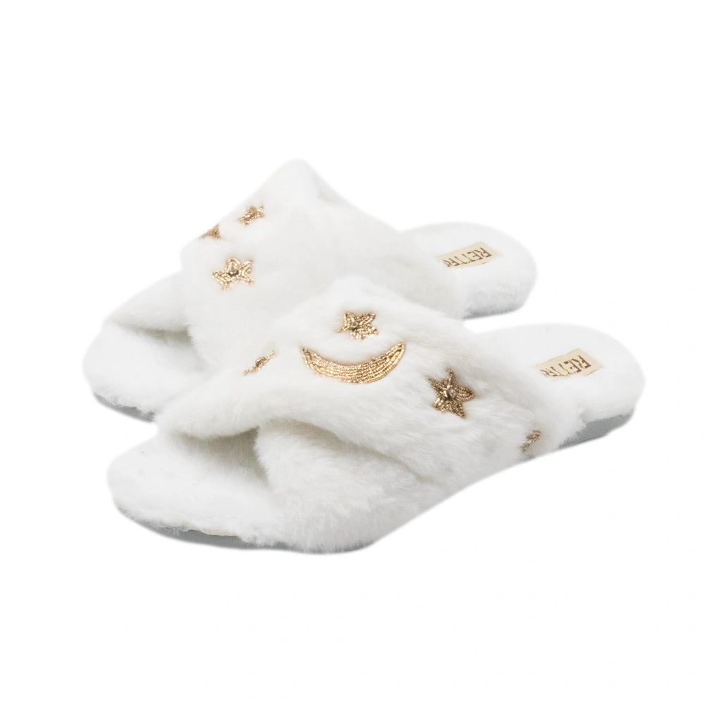 The Isabel Cream Luxury Plush Diamante Embellished Slippers