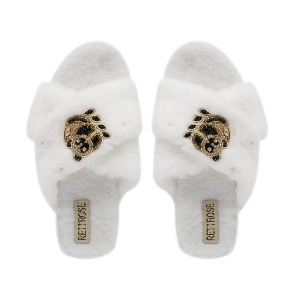 The Ember Cream Luxury Plush Diamante Embellished Slippers