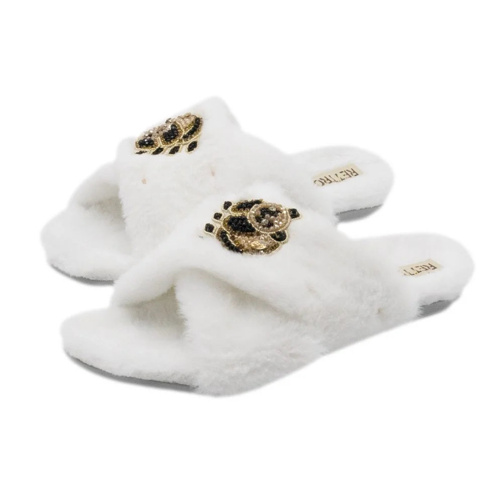 The Ember Cream Luxury Plush Diamante Embellished Slippers