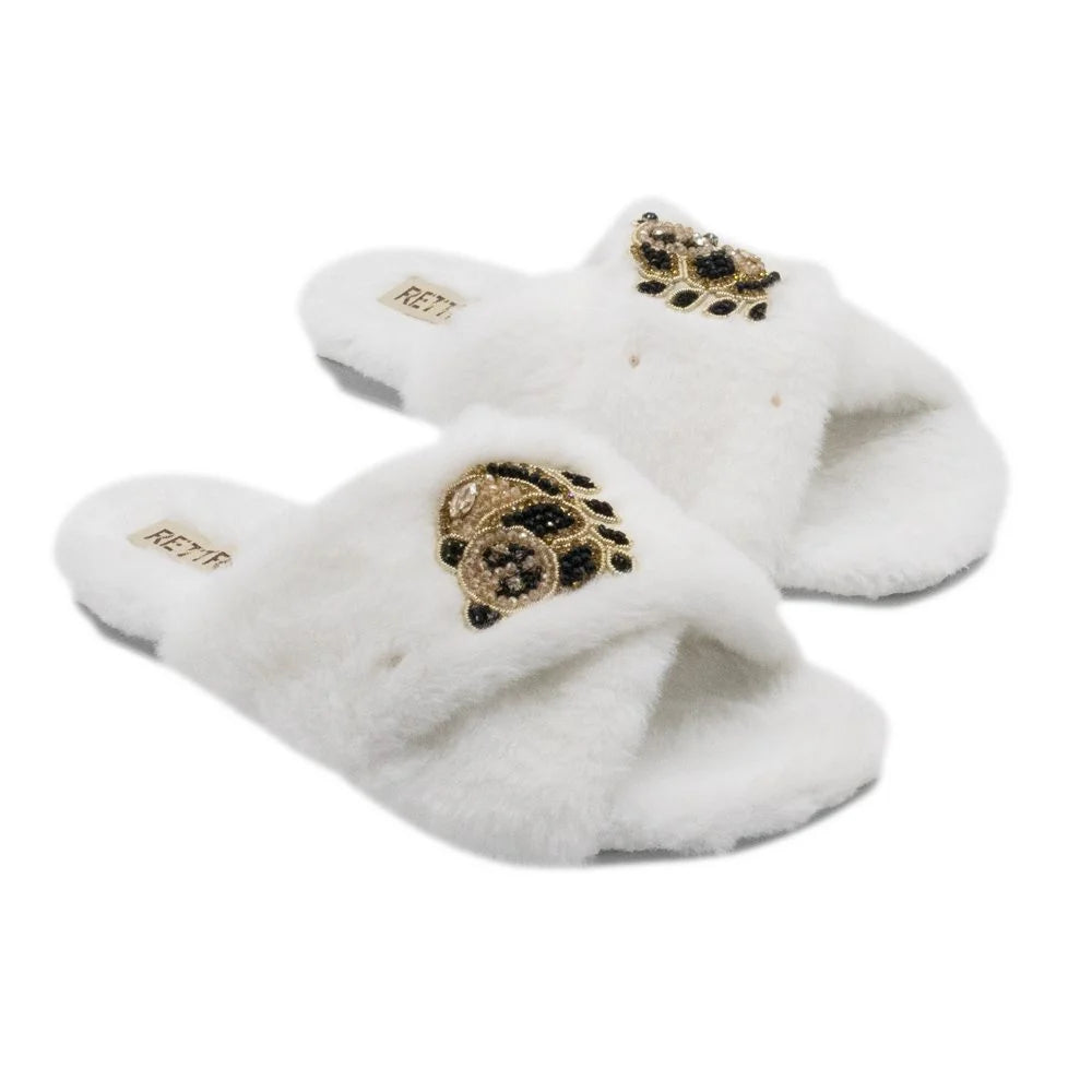 The Ember Cream Luxury Plush Diamante Embellished Slippers
