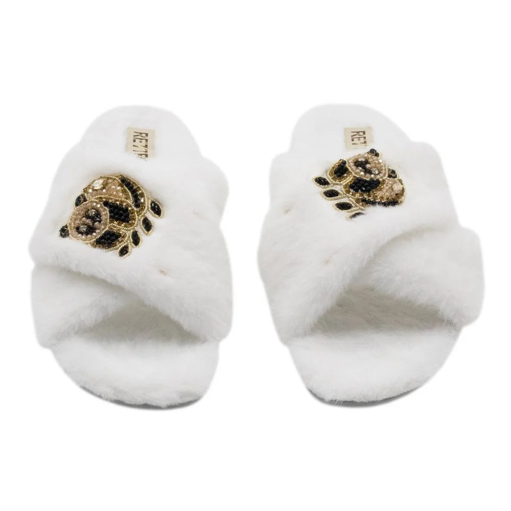 The Ember Cream Luxury Plush Diamante Embellished Slippers
