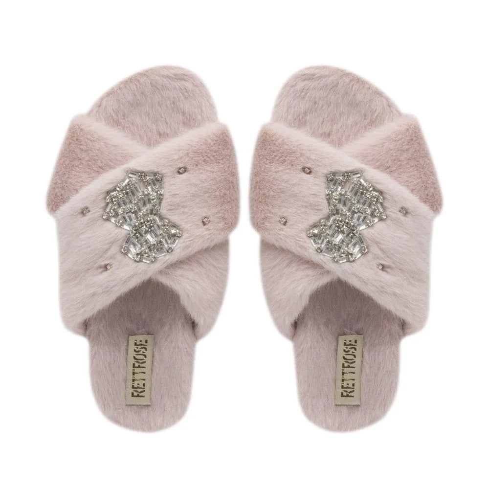 The Fefe Dusky Pink Luxury Plush Diamante Embellished Slippers