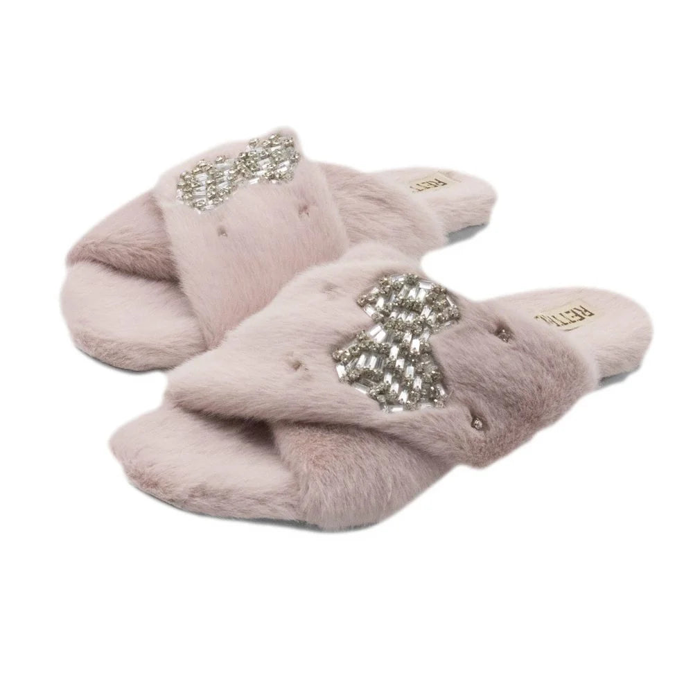 The Fefe Dusky Pink Luxury Plush Diamante Embellished Slippers