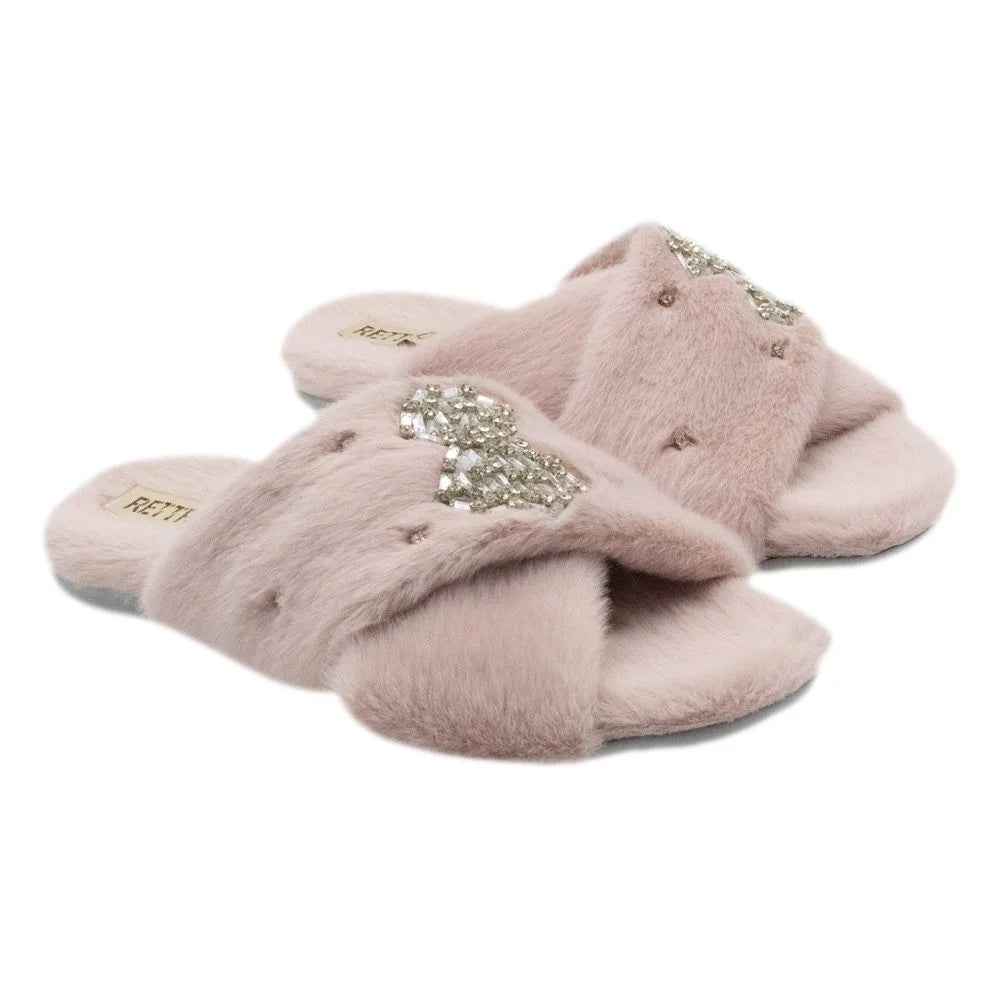 The Fefe Dusky Pink Luxury Plush Diamante Embellished Slippers