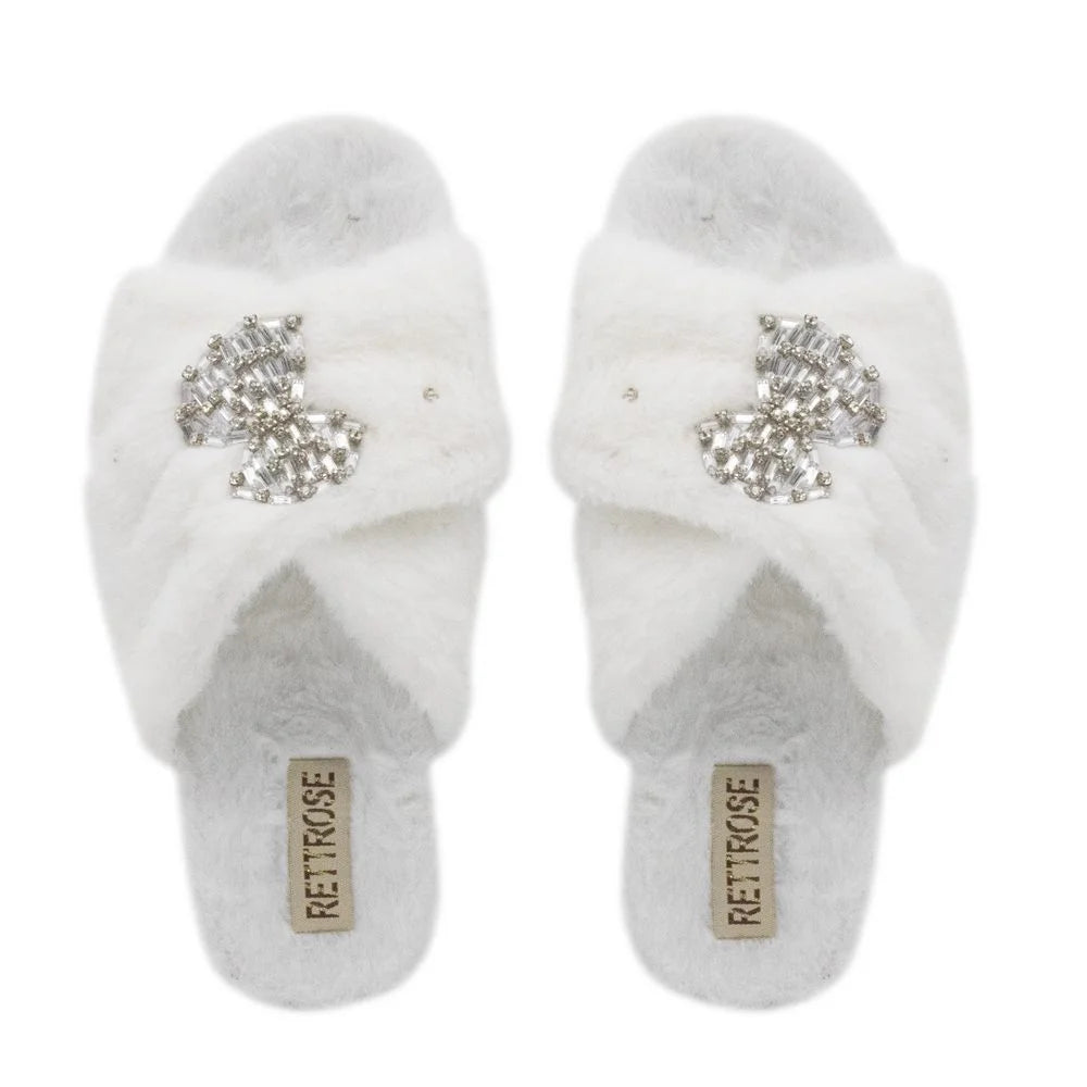 The Fefe Cream Luxury Plush Diamante Embellished Slippers