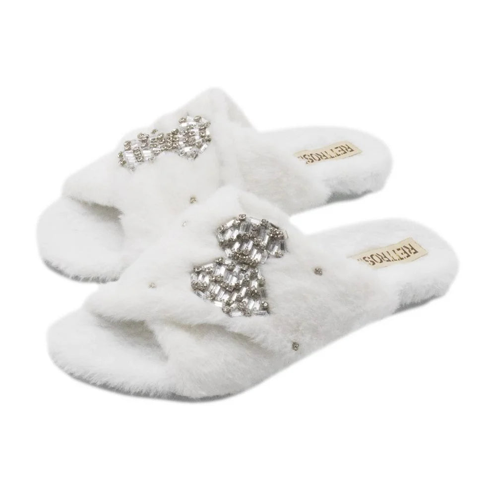 The Fefe Cream Luxury Plush Diamante Embellished Slippers