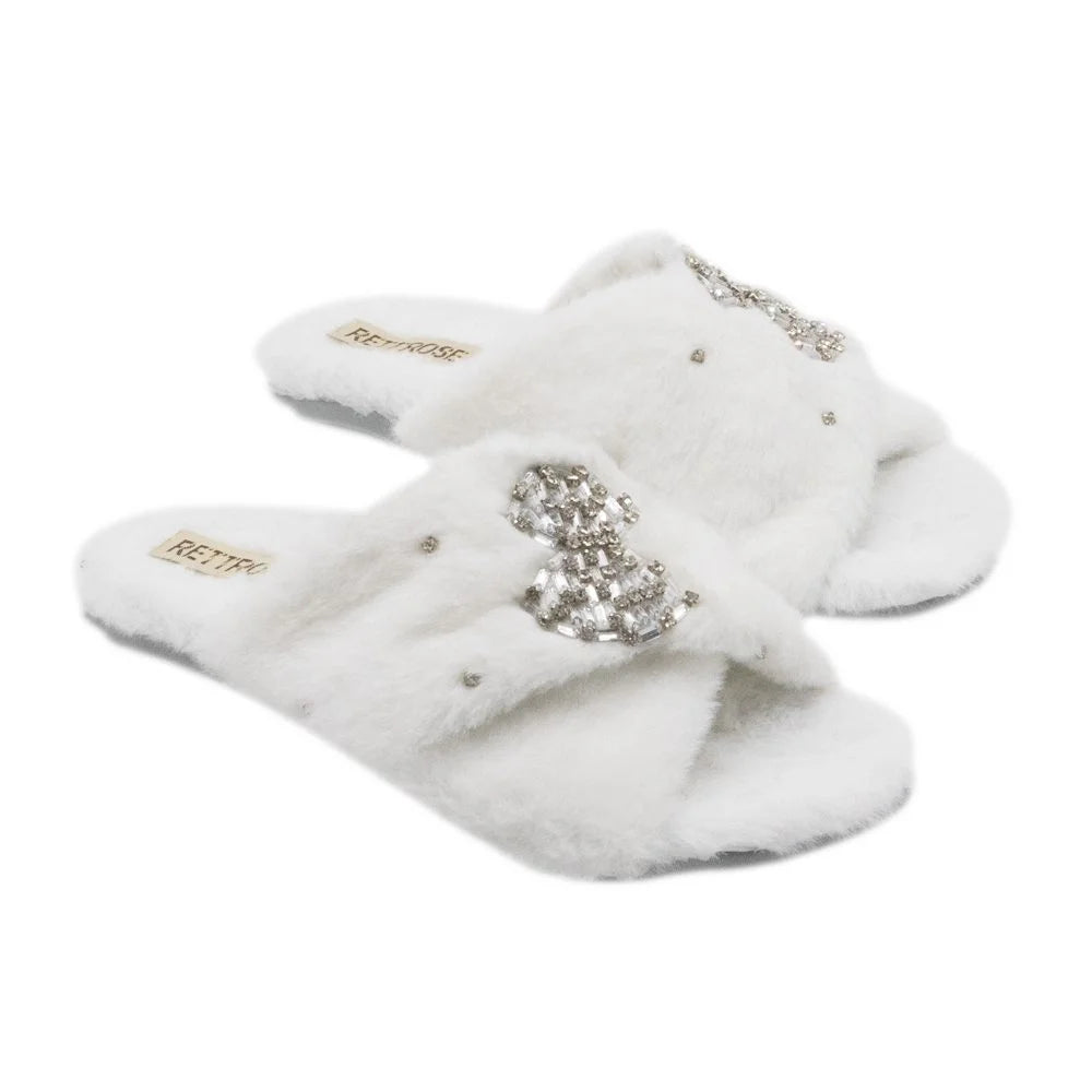 The Fefe Cream Luxury Plush Diamante Embellished Slippers
