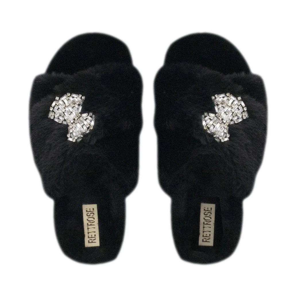 The Fefe Black Luxury Plush Diamante Embellished Slippers