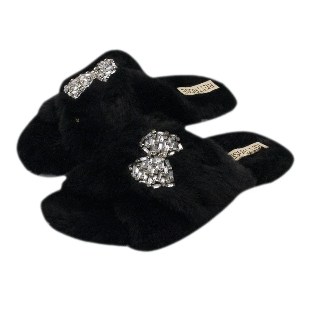The Fefe Black Luxury Plush Diamante Embellished Slippers