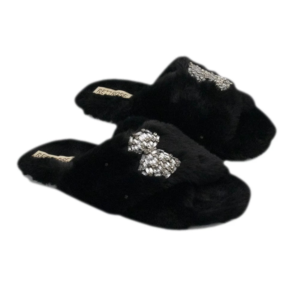 The Fefe Black Luxury Plush Diamante Embellished Slippers