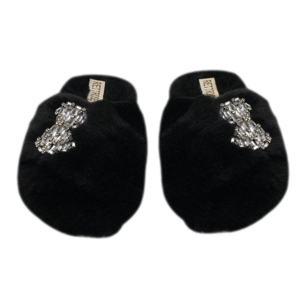 The Fefe Black Luxury Plush Diamante Embellished Slippers