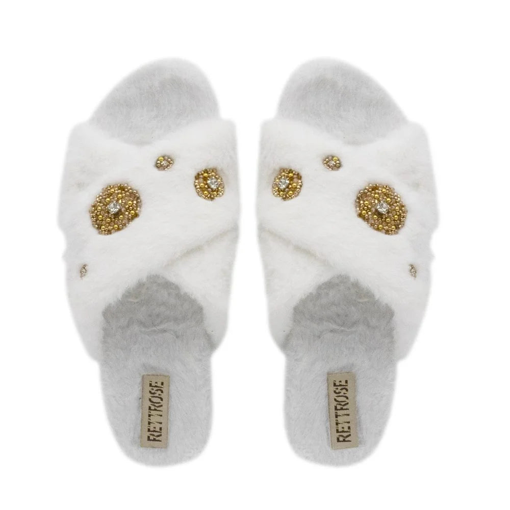 The Juliette Cream Luxury Plush Diamante Embellished Slippers