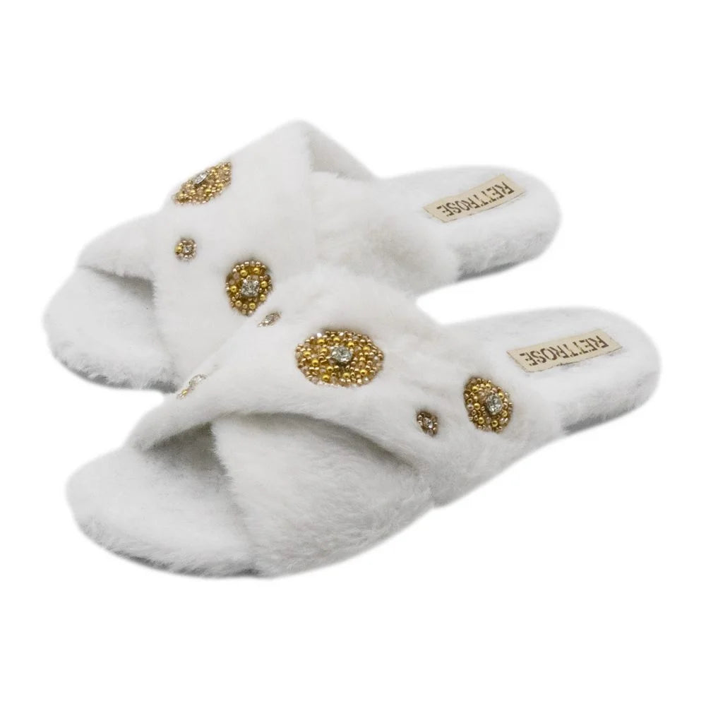The Juliette Cream Luxury Plush Diamante Embellished Slippers
