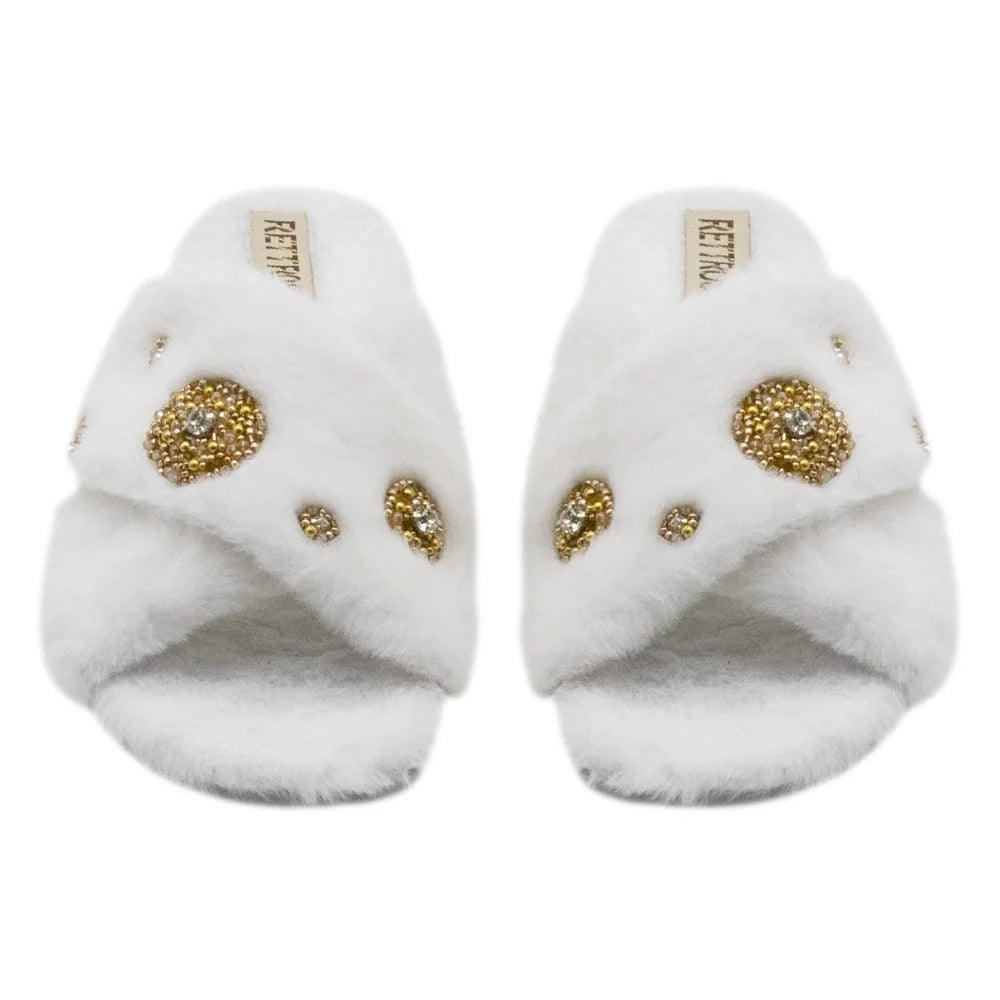 The Juliette Cream Luxury Plush Diamante Embellished Slippers