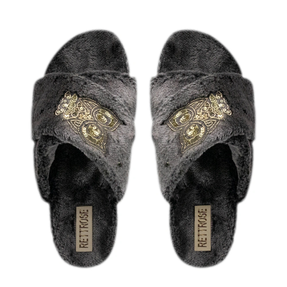The Georgia Grey Luxury Plush Diamante Embellished Slippers
