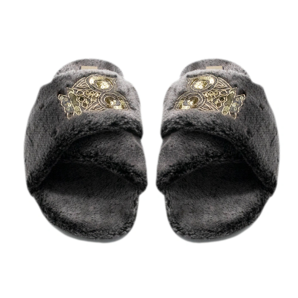 The Georgia Grey Luxury Plush Diamante Embellished Slippers