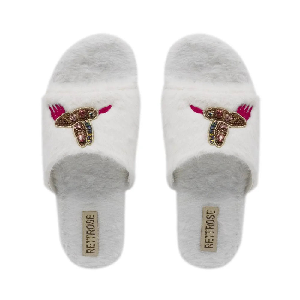 The Ariella Cream Luxury Plush Diamante Embellished Slippers