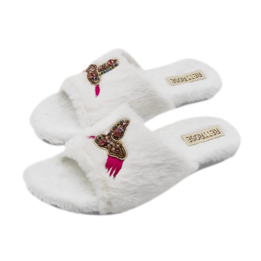 The Ariella Cream Luxury Plush Diamante Embellished Slippers