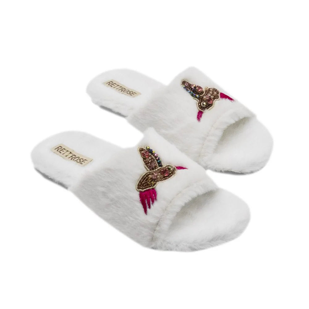 The Ariella Cream Luxury Plush Diamante Embellished Slippers