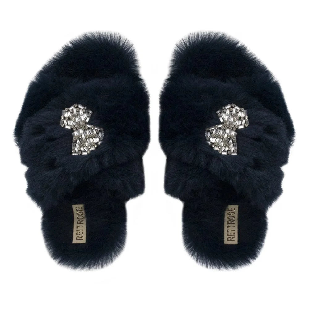 The Fefe Navy Luxury Plush Diamante Embellished Slippers