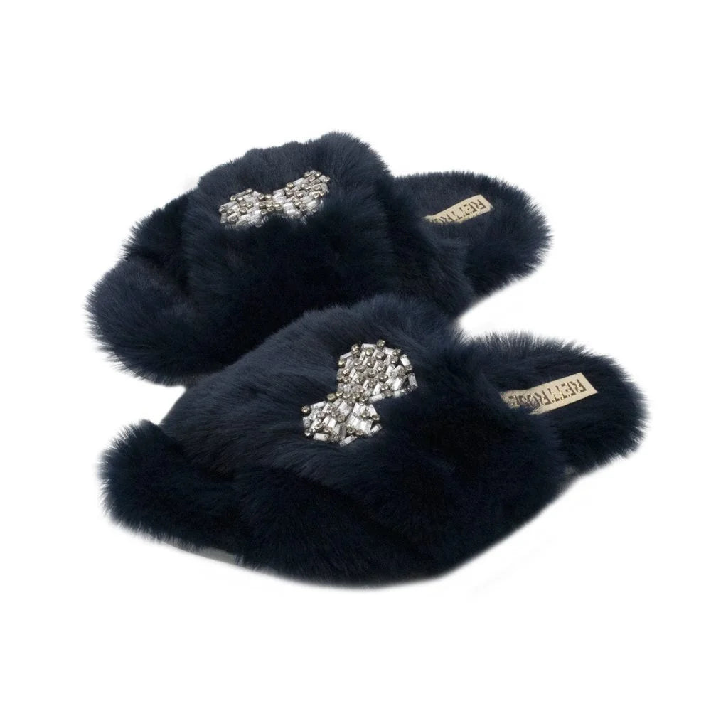 The Fefe Navy Luxury Plush Diamante Embellished Slippers