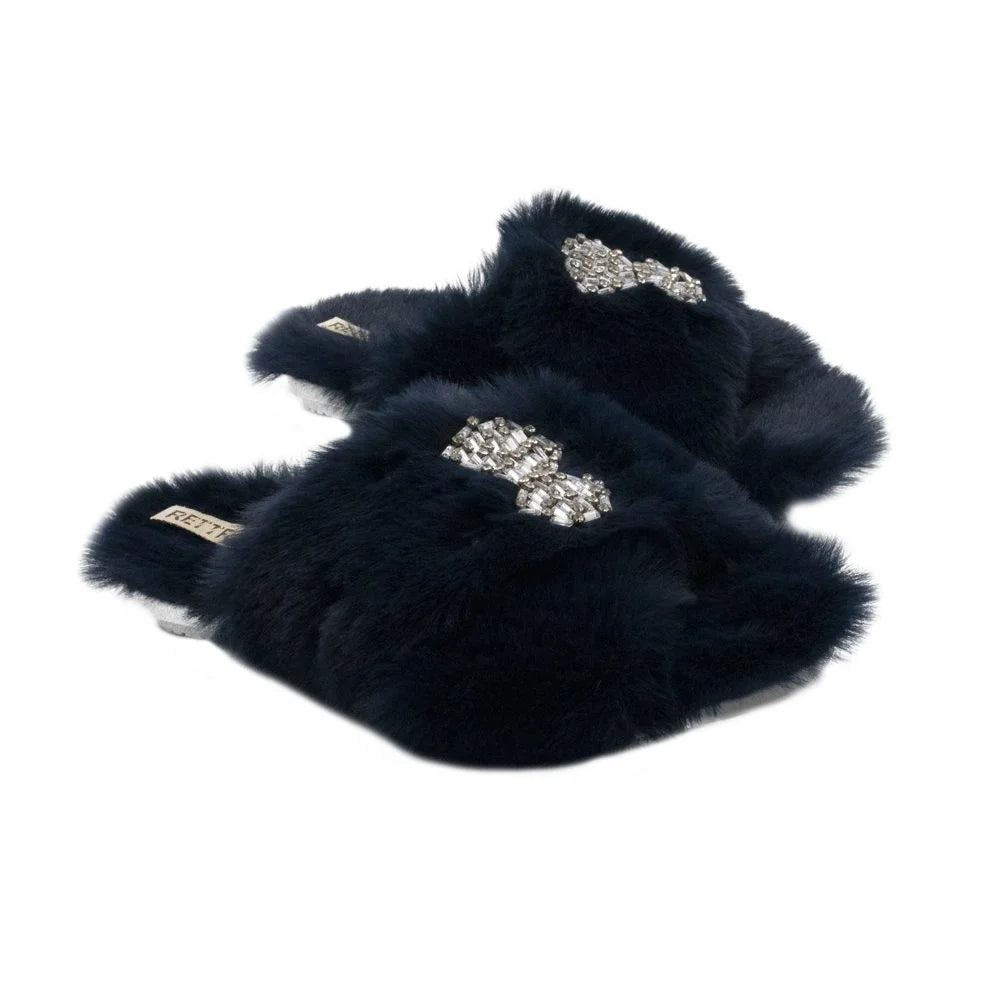 The Fefe Navy Luxury Plush Diamante Embellished Slippers