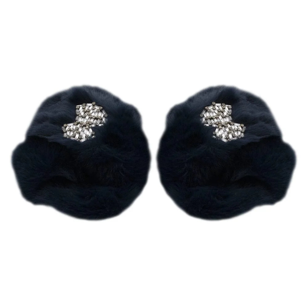 The Fefe Navy Luxury Plush Diamante Embellished Slippers