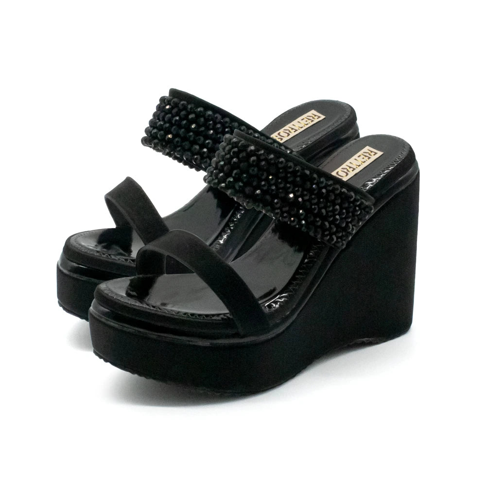 The Sara Black Hand Embellished Luxury Wedge Shoe