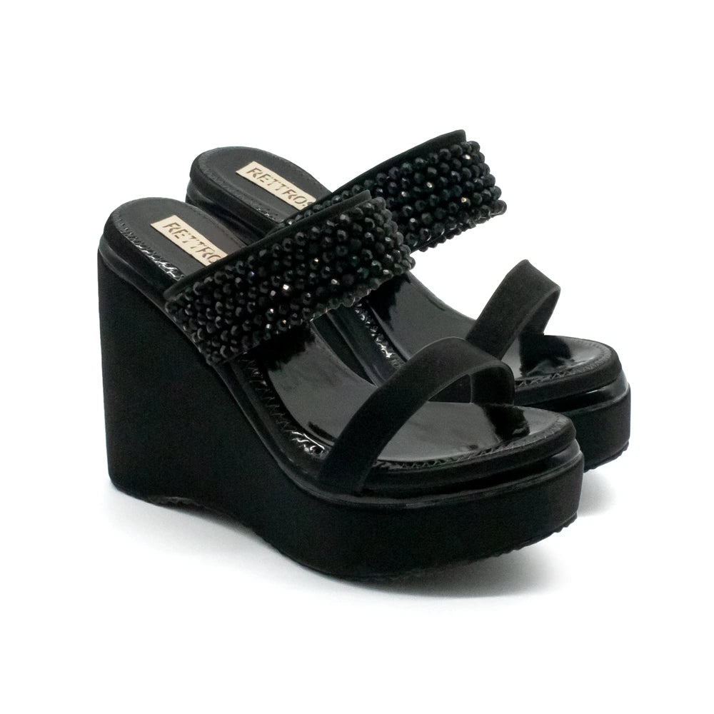 The Sara Black Hand Embellished Luxury Wedge Shoe